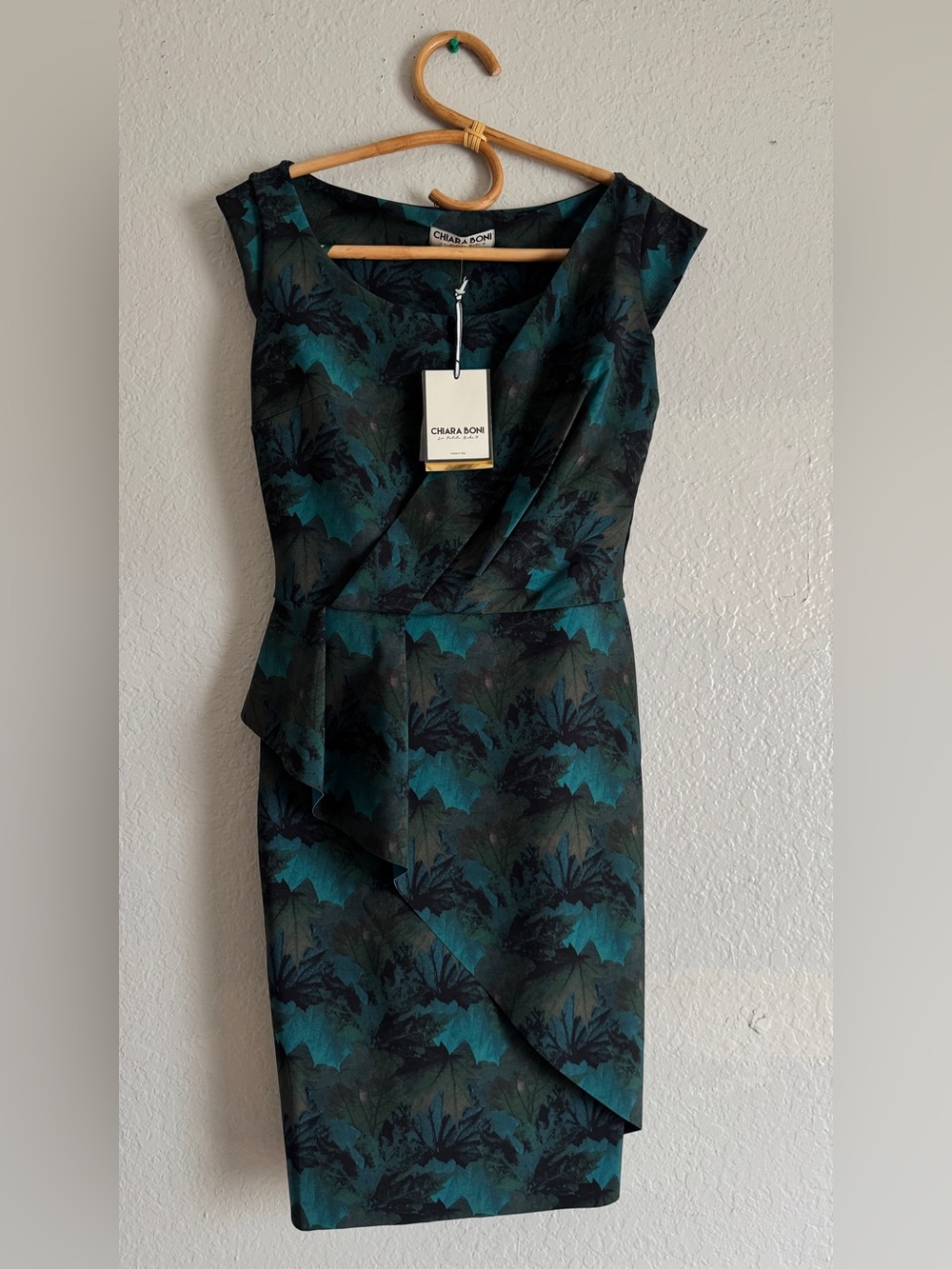 NWT Chiara Boni La Petite Robe Teal & Black Floral Faux-Wrap Sheath Dress
